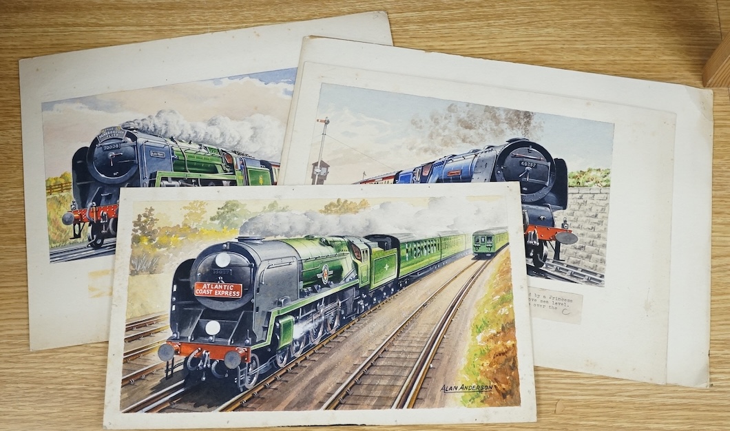 Alan Anderson, set of four original watercolours for postcard designs, vintage steam trains, to include British Rail Britannia Class No 70008 Black Prince, Coronation Class No 46259, City of Salford and Merchant Navy Cla
